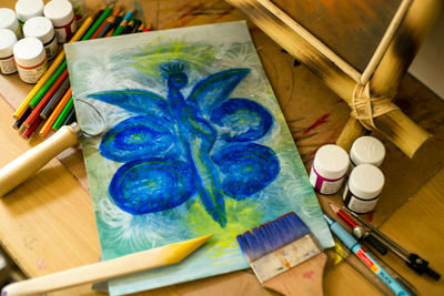 High angle view of various flowers on table