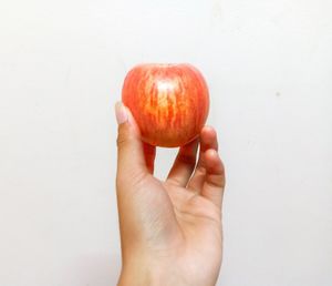 Close-up of hand holding apple against white background