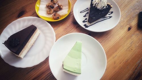 High angle view of cake served on table