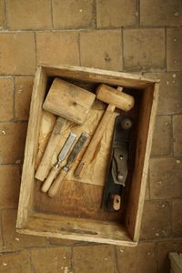 High angle view of wooden box on table