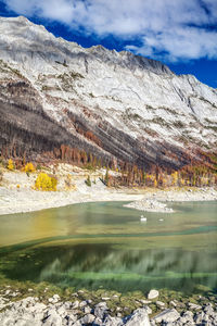 Medicine lake in autumn after forest fires in jasper national park.