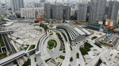 High angle view of city street and buildings