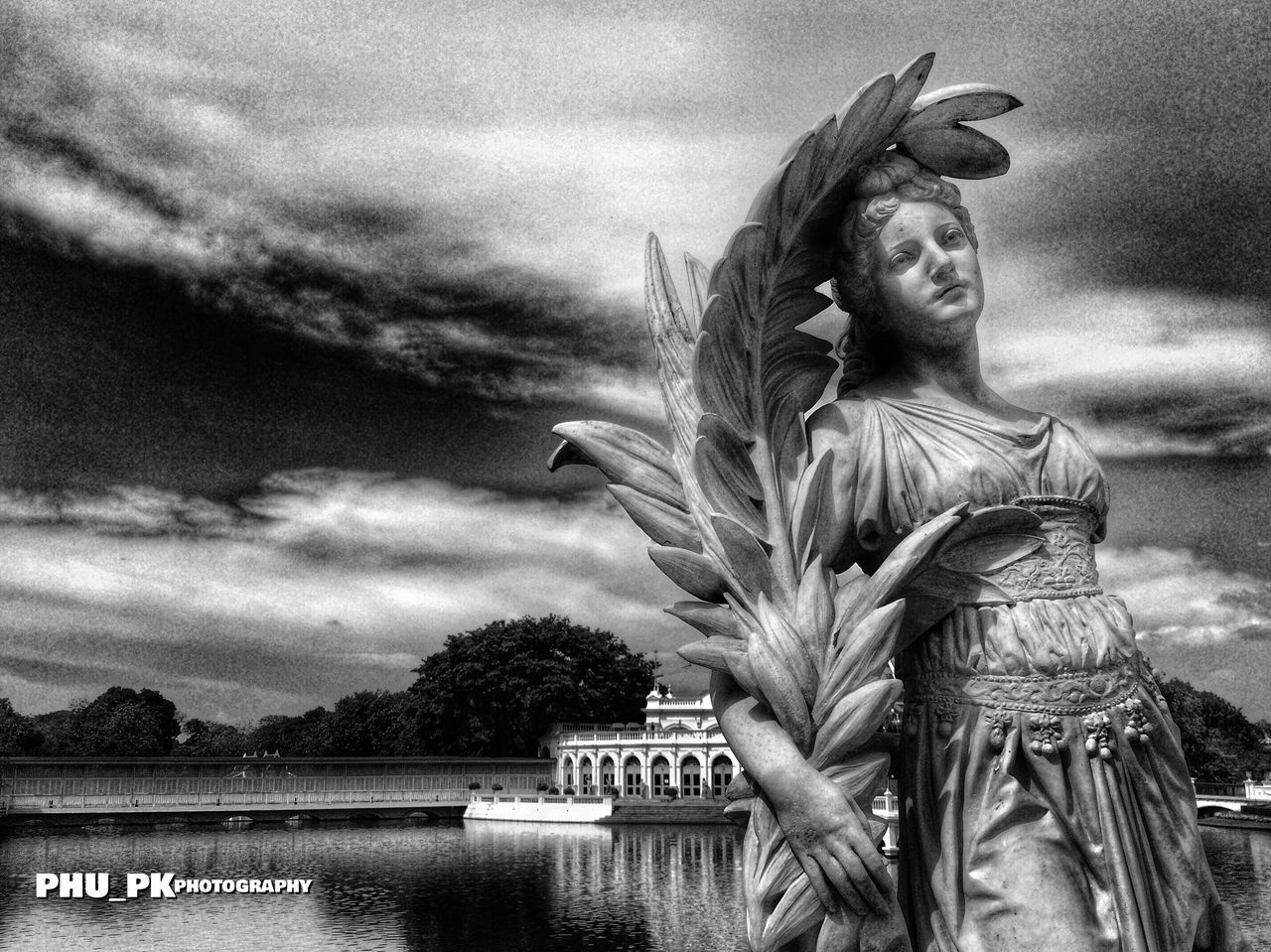 statue, sculpture, sky, cloud - sky, outdoors, architecture, tree, no people, building exterior, day, water