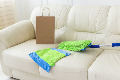 High angle view of empty sofa at home