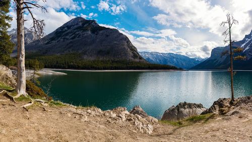 Scenic view of lake and mountains against sky