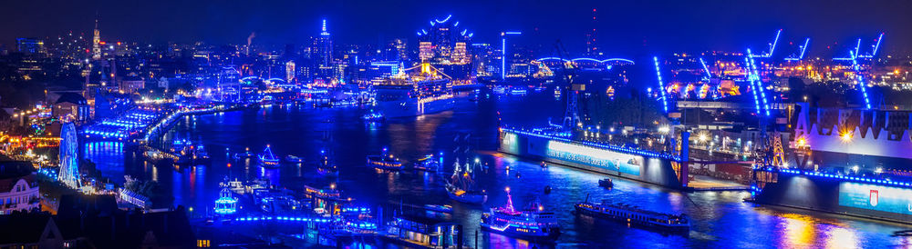 High angle view of illuminated city at night