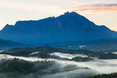 Scenic view of mountains against sky during sunset