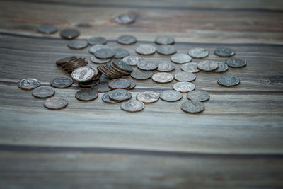 Close-up of coins on table