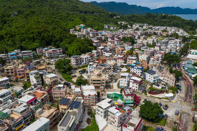 High angle view of buildings in town