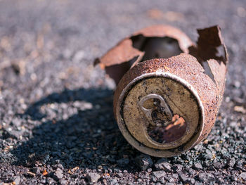 Close-up of rusty metal drink can