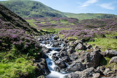 Scenic view of waterfall against sky