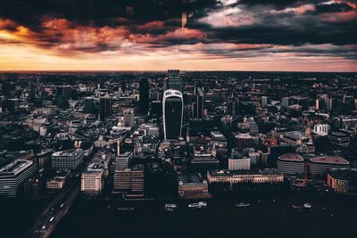 Aerial view of city at sunset