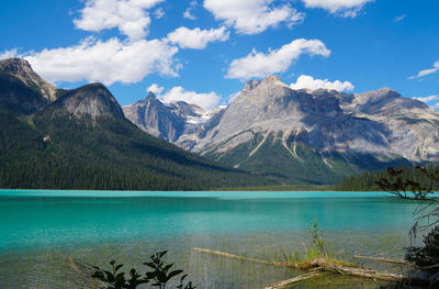 Scenic view of lake by mountains against sky