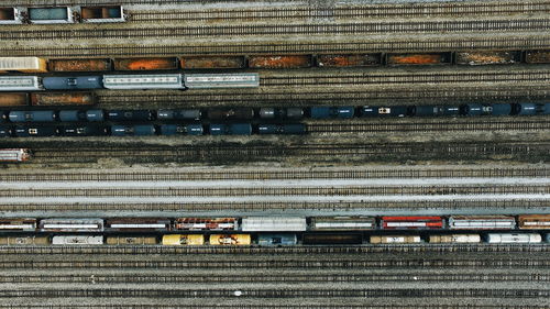 Directly above shot of freight trains at shunting yard