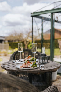 Prawn sandwiches and glasses of white wine on table