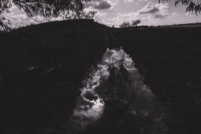 Scenic view of waterfall against sky