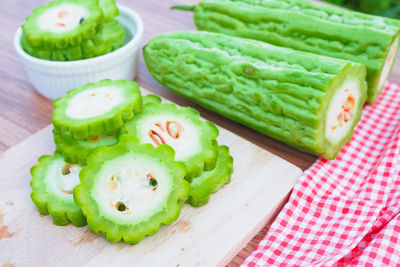 High angle view of chopped vegetables on cutting board