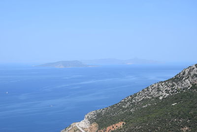 Scenic view of sea against clear blue sky