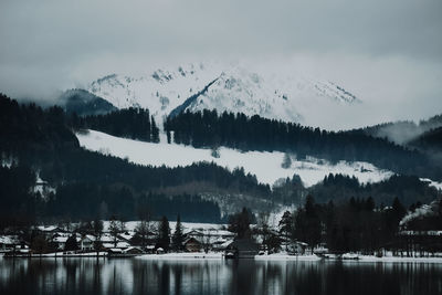 Panoramic view of lake and snowcapped mountains against sky