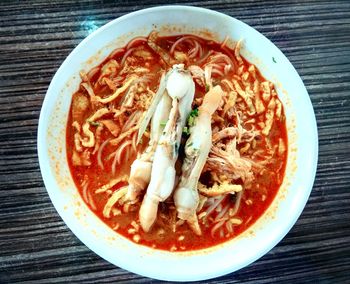 High angle view of soup in bowl on table