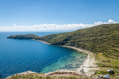 Scenic view of sea and mountains against sky