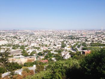 High angle view of townscape against clear sky