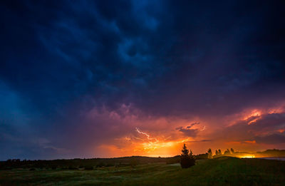 Scenic view of dramatic sky over land during sunset