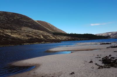 Scenic view of beach against clear blue sky