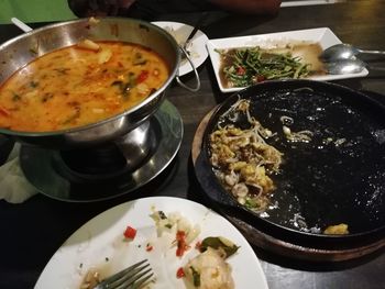 High angle view of meal served on table