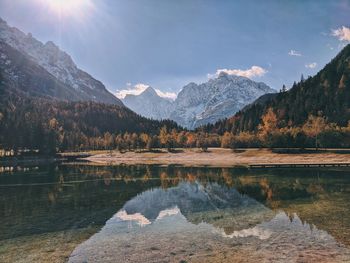 Scenic view of lake and mountains against sky