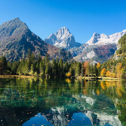 Scenic view of lake and mountains against clear blue sky