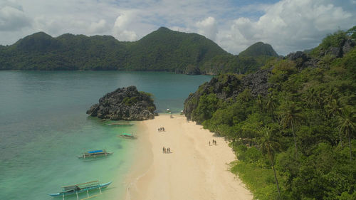 High angle view of bay against sky