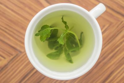 High angle view of tea in bowl on table