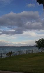 Scenic view of river against cloudy sky