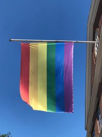 Low angle view of flags against clear blue sky