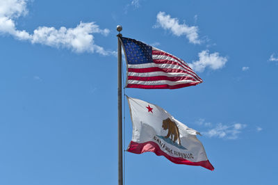 Low angle view of flags against blue sky