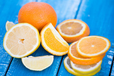 High angle view of orange fruit on table