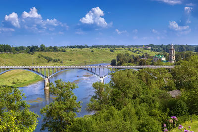 Landscape with a bridge over the volga river in staritsa, russia