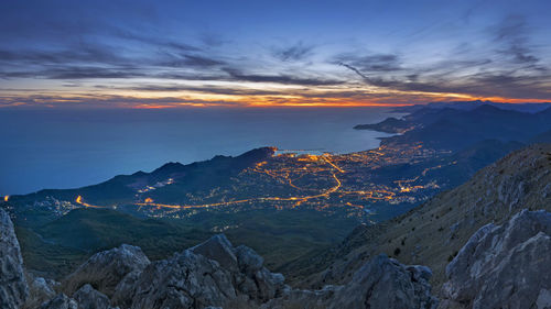 Scenic view of mountains against sky during sunset