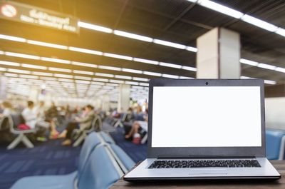 Low angle view of laptop on mobile phone