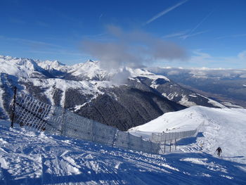 Snow covered landscape against sky