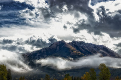 Low angle view of snowcapped mountains against sky