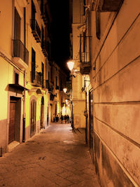 Empty alley amidst buildings at night