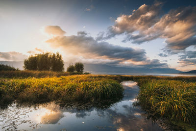 Scenic view of lake against sky during sunset