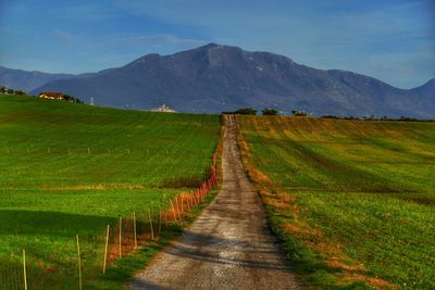 Footpath amidst field against sky