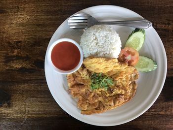 High angle view of breakfast served on table