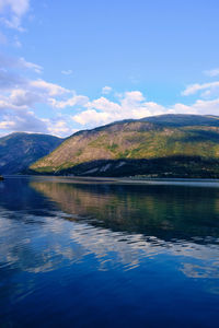 Scenic view of lake and mountains against blue sky