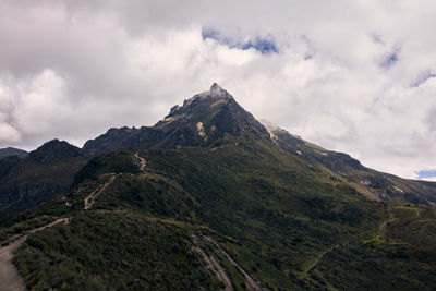 Scenic view of mountains against cloudy sky