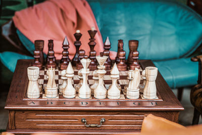 Close-up of chessboard on table