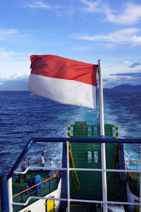 High angle view of boat in sea against sky